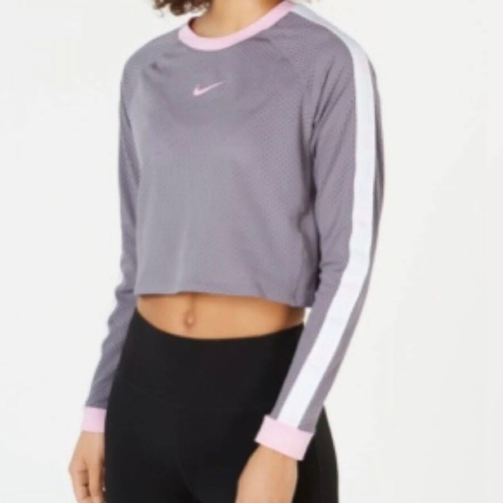 Nike‎ Womens Mesh Cropped Long Sleeve Top Grey Pink Stripe Swoosh AR3016-060